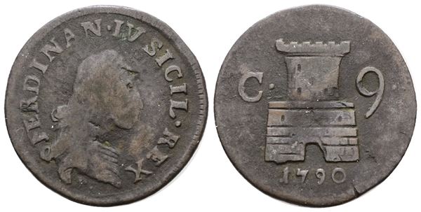 NAPOLI. REGNO DI NAPOLI. Ferdinando IV di Borbone (1759-1799 I per.). 9 cavalli 1790. Cu; 4,7gr; Gig.149; NC; MB/BB