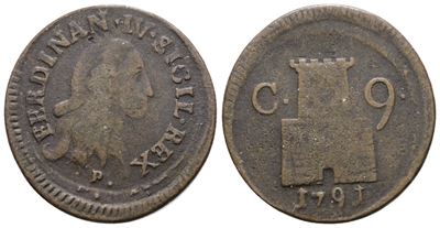 Ferdinando IV di Borbone, 9 cavalli 1791, Moneta in rame
