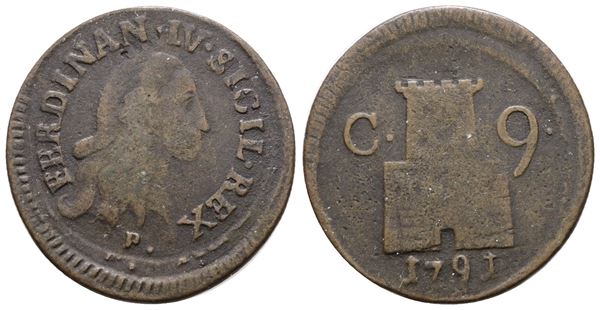 NAPOLI. REGNO DI NAPOLI. Ferdinando IV di Borbone (1759-1799 I per.). 9 cavalli 1791. Cu; 4,7gr; Gig.150; BB, interessante e lieve decentratura
