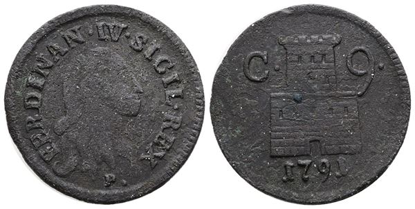 NAPOLI. REGNO DI NAPOLI. Ferdinando IV di Borbone (1759-1799 I per.). 9 cavalli 1791. Cu; 4,7gr; Gig.150; MB/BB