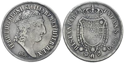 Ferdinando I di Borbone, Piastra 120 grana 1818 'Testa grande', Argento, 27,5 gr