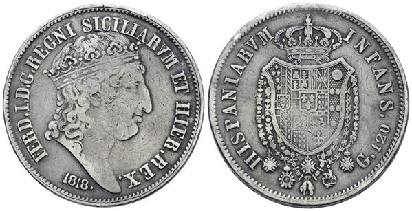NAPOLI. REGNO DELLE DUE SICILIE. Ferdinando I di Borbone (1816-1825). Piastra 120 grana 1818 "Testa grande". Ag; 27,5gr; Gig.6a; BB