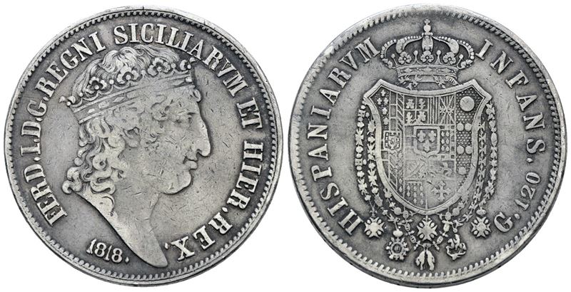 Ferdinando I di Borbone, Piastra 120 grana 1818 'Testa grande', Argento, 27,5 gr