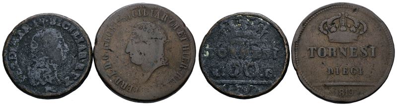 Ferdinando IV di Borbone, Lotto di 2 monete da 10 tornesi 1798, 1819