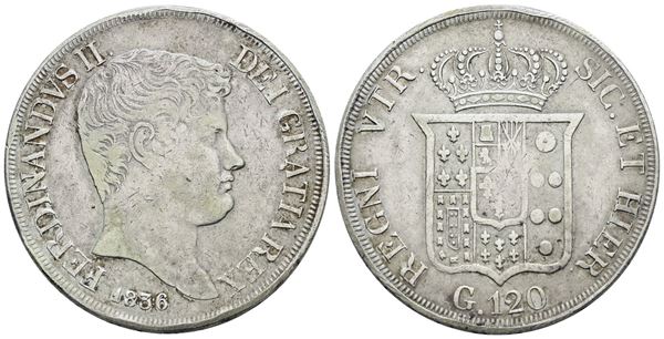 NAPOLI. REGNO DELLE DUE SICILIE. Ferdinando II di Borbone (1830-1859). Piastra 120 grana 1836. Ag; 27,5gr; Gig.61; BB, colpetti