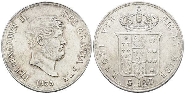 NAPOLI. REGNO DELLE DUE SICILIE. Ferdinando II di Borbone (1830-1859). Piastra 120 grana 1854. Ag; 27,5gr; Gig.86; BB/SPL