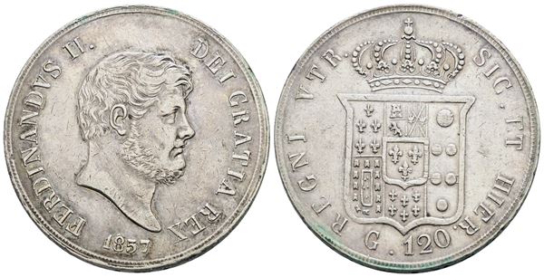 NAPOLI. REGNO DELLE DUE SICILIE. Ferdinando II di Borbone (1830-1859). Piastra 120 grana 1857. Ag; 27,5gr; Gig.88; BB/SPL
