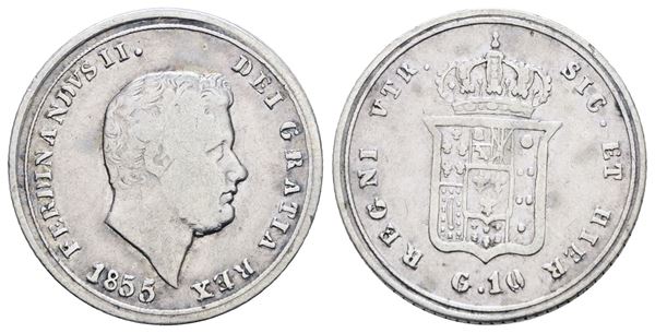 NAPOLI. REGNO DELLE DUE SICILIE. Ferdinando II di Borbone (1830-1859). Carlino 10 grana 1855. Ag; 2,29gr; Gig.169; BB