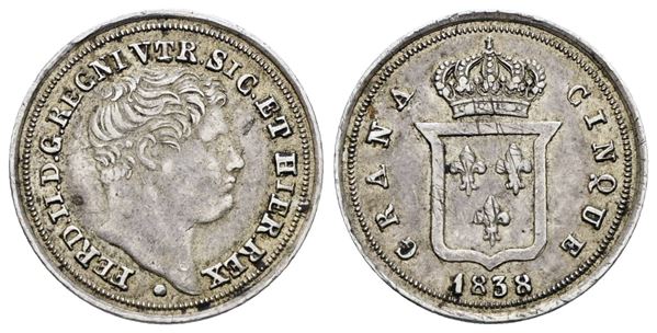 NAPOLI. REGNO DELLE DUE SICILIE. Ferdinando II di Borbone (1830-1859). 5 grana 1838. Ag; 1,15gr; Gig.174; SPL