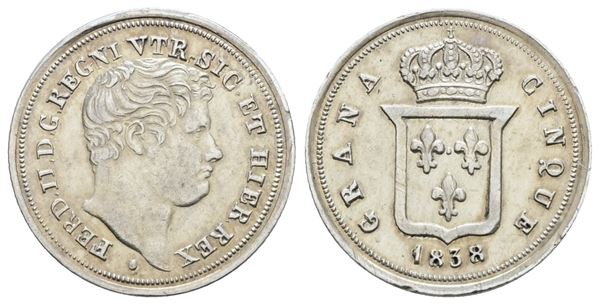 NAPOLI. REGNO DELLE DUE SICILIE. Ferdinando II di Borbone (1830-1859). 5 grana 1838. Ag; 1,15gr; Gig.174; SPL