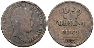 Ferdinando II di Borbone, 10 tornesi 1833 'C. liscio', Cu 31,1gr