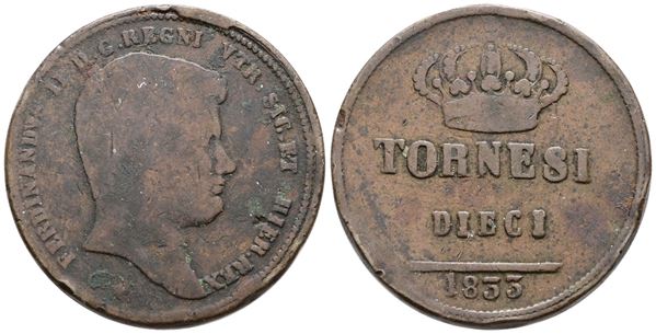 NAPOLI. REGNO DELLE DUE SICILIE. Ferdinando II di Borbone (1830-1859). 10 tornesi 1833 "C. liscio". Cu; 31,1gr; Gig.184a; Raro; MB