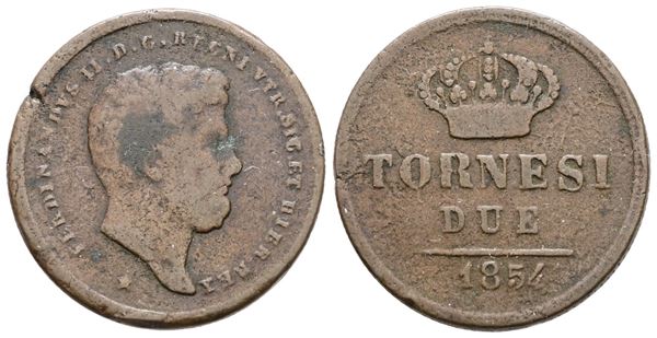 NAPOLI. REGNO DELLE DUE SICILIE. Ferdinando II di Borbone (1830-1859). 2 tornesi 1854. Cu; 6,2gr; Gig.258; Raro; MB