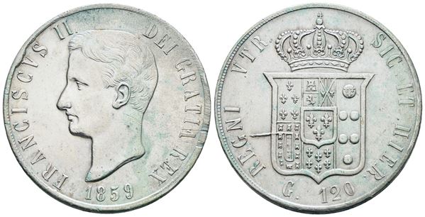 NAPOLI. Regno delle Due Sicilie. Francesco II di Borbone (1859-1860). Piastra 1859; Ag (27,5 g; 36,5 mm)