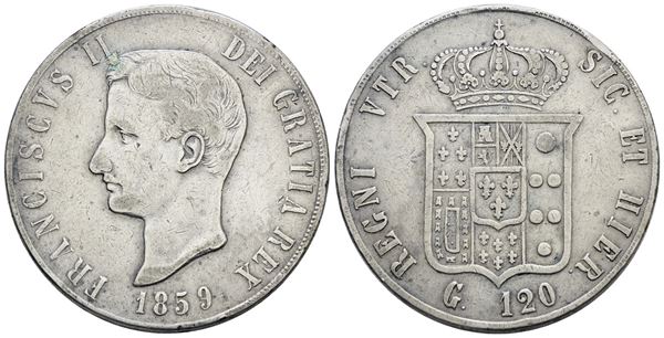 NAPOLI. REGNO DELLE DUE SICILIE. Francesco II di Borbone (1859-1860). Piastra 120 grana 1859. Ag; 27,5gr; Gig.1; Q.BB