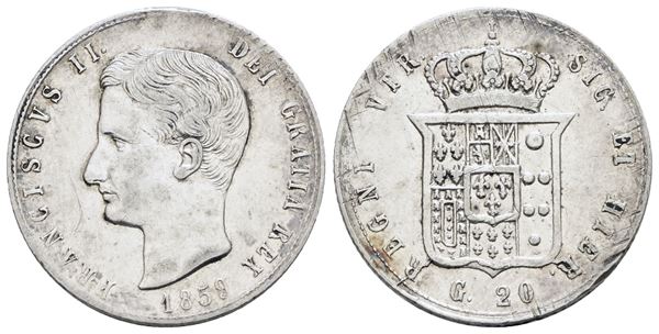 NAPOLI. REGNO DELLE DUE SICILIE. Francesco II di Borbone (1859-1860). Tarì 20 grana 1859. Ag; 4,59gr; Gig.3; BB/SPL