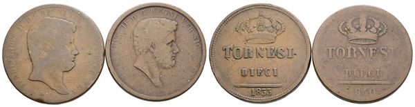 NAPOLI. REGNO DELLE DUE SICILIE. Ferdinando II di Borbone (1830-1859). Lotto di 2 monete da 10 tornesi 1833, 1840. Cu; Conservazioni varie.