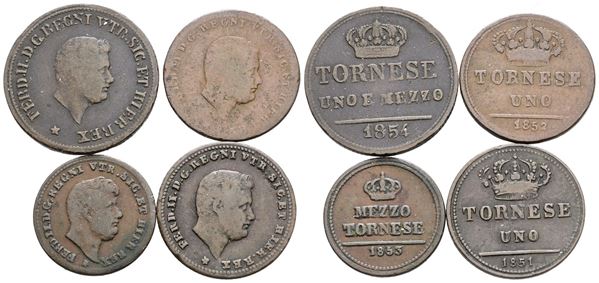 NAPOLI. REGNO DELLE DUE SICILIE. Ferdinando II di Borbone (1830-1859). Lotto di 4 monete da 1,5 tornesi, 1 e 1/2 tornese. Cu; date e conservazioni varie.