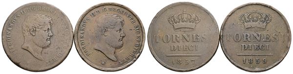 NAPOLI. REGNO DELLE DUE SICILIE. Ferdinando II di Borbone (1830-1859). Lotto di 2 monete da 10 tornesi 1857, 1859. Cu; Conservazioni varie.