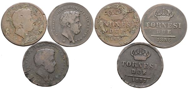 NAPOLI. REGNO DELLE DUE SICILIE. Ferdinando II di Borbone (1830-1859). Lotto di 3 monete da 2 tornesi 1852, 1856, 1857. Cu; Conservazioni varie.