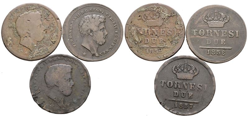 Ferdinando II di Borbone, Lotto di 3 monete da 2 tornesi 1852, 1856, 1857