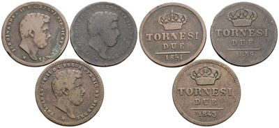 Ferdinando II di Borbone, Lotto di 3 monete da 2 tornesi (1839, 1843, 1851)