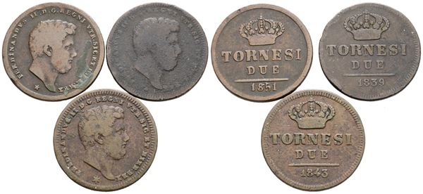 NAPOLI. REGNO DELLE DUE SICILIE. Ferdinando II di Borbone (1830-1859). Lotto di 3 monete da 2 tornesi 1839, 1843, 1851. Cu; Conservazioni varie.