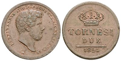 Ferdinando II di Borbone, 2 tornesi del Regno delle Due Sicilie (1851) - Moneta in Cu, 6,2 g, Gig...