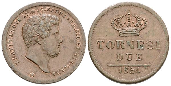 NAPOLI. REGNO DELLE DUE SICILIE. Ferdinando II di Borbone (1830-1859). 2 tornesi 1851. Cu; 6,2gr; Gig.255; NC; SPL/FDC  - Asta NUMISMATICA MODERNA MONETE E MEDAGLIE ITALIANE ED ESTERE - Smart Auction - Bertolami Fine Art - Casa d'Aste