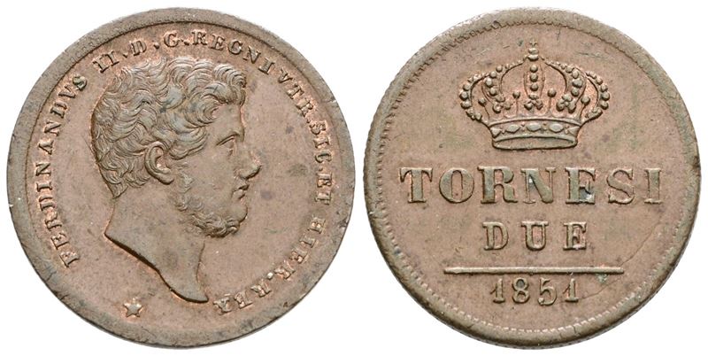 Ferdinando II di Borbone, 2 tornesi del Regno delle Due Sicilie (1851) - Moneta in Cu, 6,2 g, Gig...