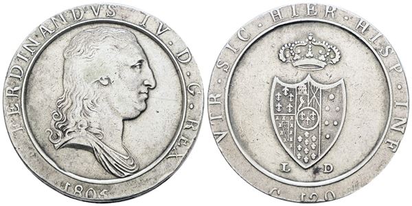 NAPOLI. REGNO DI NAPOLI. Ferdinando IV di Borbone (1799-1805 II per.). Piastra 120 grana 1805 "Capelli lisci". Ag; 27,5hr; Gig.72b; NC; BB