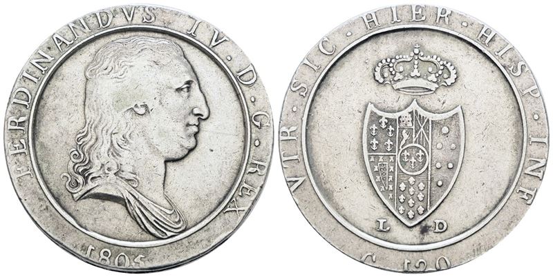 Ferdinando IV di Borbone, Piastra 120 grana 1805 'Capelli lisci', Argento