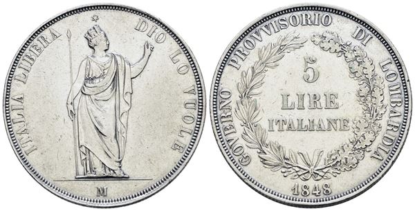 MILANO. Governo Provvisorio di Lombardia (1848). 5 lire 1848. Ag; 25gr; Gig.3; Q.SPL, bei rilievi, leggermente pulita.