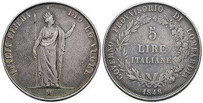 Governo Provvisorio di Lombardia, 5 lire 1848, Ag, 25gr, MB/BB