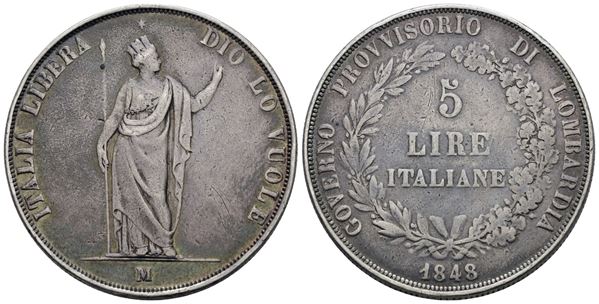 MILANO. Governo Provvisorio di Lombardia (1848). 5 lire 1848. Ag; 25gr; Gig.3a; MB/BB
