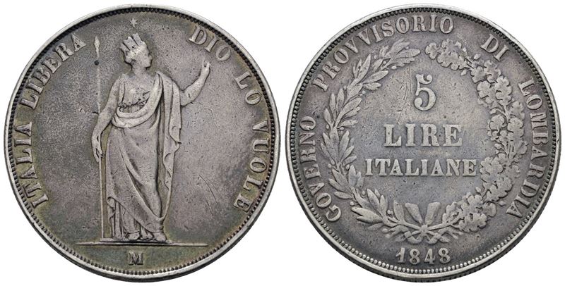 Governo Provvisorio di Lombardia, 5 lire 1848, Ag, 25gr, MB/BB