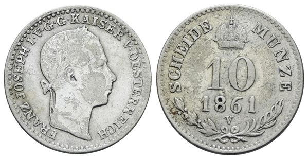 VENEZIA. REGNO LOMBARDO VENETO. Francesco Giuseppe (1848-1866). 10 kreuzer 1861. Ag; 2gr; Gig.109; Raro; BB