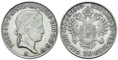 Ferdinando I, 20 kreuzer 1843, Regno Lombardo Veneto, Argento