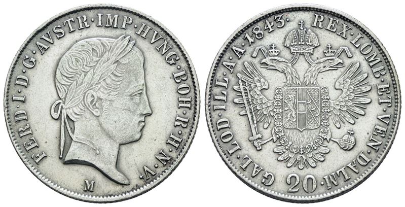 Ferdinando I, 20 kreuzer 1843, Regno Lombardo Veneto, Argento