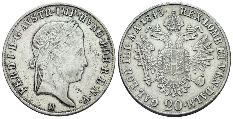 Ferdinando I, 20 kreuzer 1843, Regno Lombardo Veneto