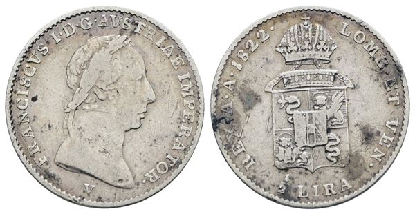 VENEZIA. REGNO LOMBARDO VENETO. Francesco I d'Asburgo (1815-1835). Mezza lira 1822. Ag; 2,1gr; Gig. 75; Raro; Q.BB