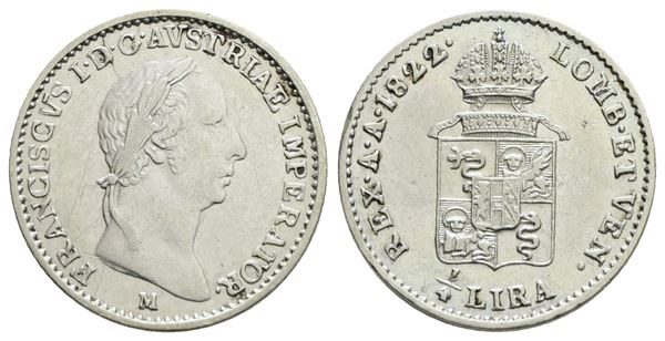 MILANO. REGNO LOMBARDO VENETO. Francesco I d'Asburgo (1815-1835). 1/4 di lira 1822. Ag; 1,62gr; Gig. 81; NC; BB/SPL