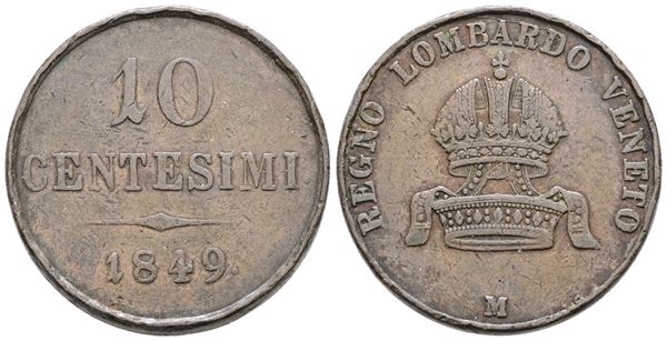 MILANO. REGNO LOMBARDO VENETO. Francesco Giuseppe (1848-1866). 10 centesimi 1849. Cu; 17,5gr; Gig.25; Raro; MB/BB