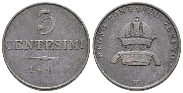 MILANO. REGNO LOMBARDO VENETO. Francesco Giuseppe (1848-1866). 3 centesimi 1850. Cu; 5,25gr; Gig.31; Raro; BB