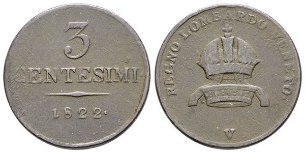 VENEZIA. REGNO LOMBARDO VENETO. Francesco I d'Asburgo (1815-1835). 3 centesimi 1822. Cu; 5,25gr; Gig.95; Raro; BB