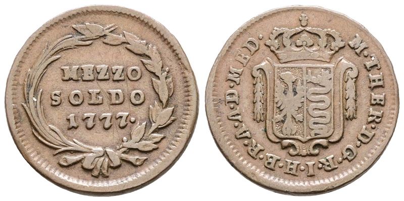 Maria Teresa d'Asburgo, Mezzo soldo 1777, Cu, 3,9 gr, MIR 441/1, BB+
