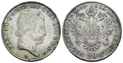 Ferdinando I d'Asburgo, 20 Kreuzer 1845, Regno Lombardo Veneto, Argento, 6,6 g
