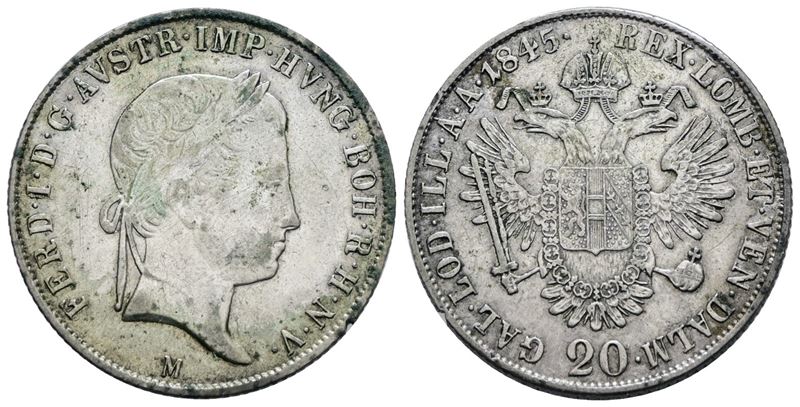 Ferdinando I d'Asburgo, 20 Kreuzer 1845, Regno Lombardo Veneto, Argento, 6,6 g