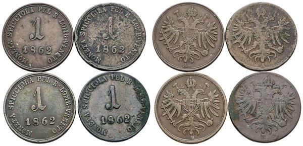 VENEZIA. REGNO LOMBARDO VENETO. Francesco Giuseppe (1848-1866). Lotto di 4 monete da 1 soldo 1862 A, B. Cu; Conservazioni varie