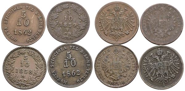 MILANO. REGNO LOMBARDO VENETO. Francesco Giuseppe (1848-1866). Lotto di 4 monete da 1/2 kreuzer. Cu; Zecche, anni e conservazioni varie.